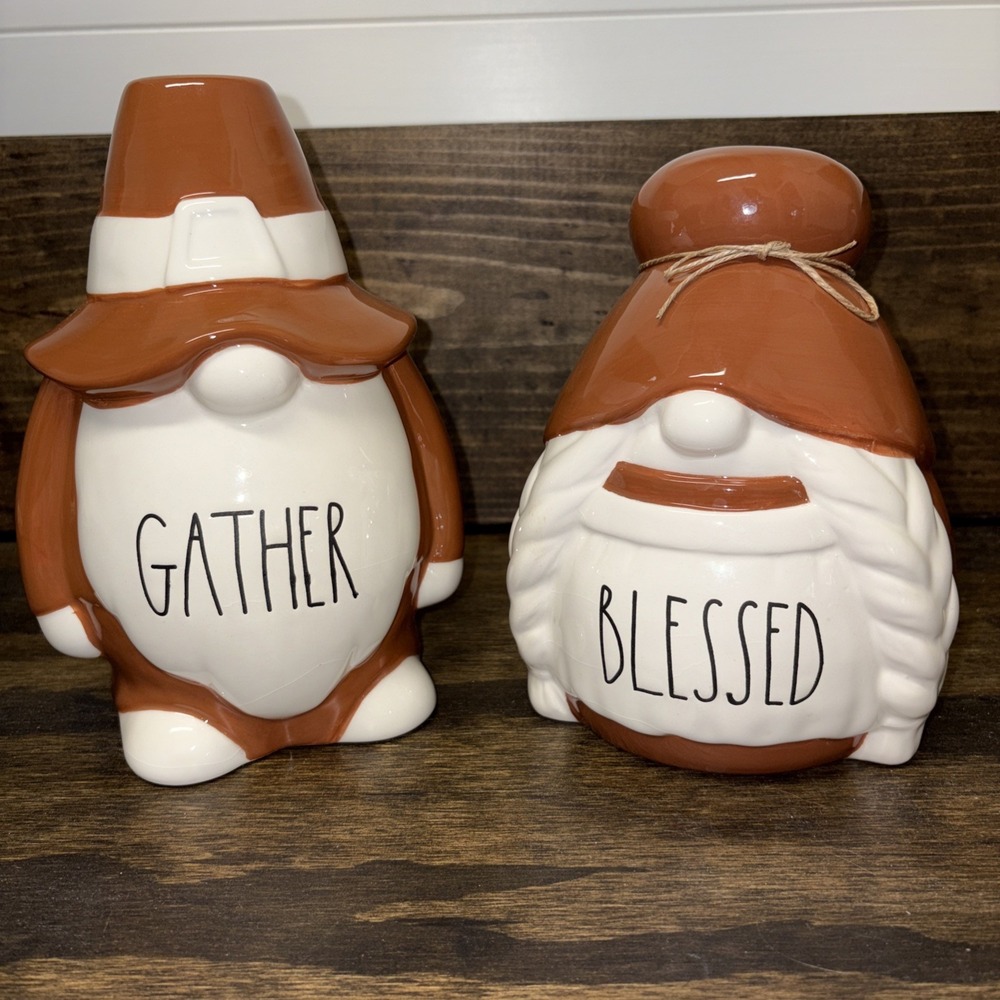 RAE DUNN Ceramic Set Of 2 Pilgrim Gnomes "Gather" & "Blessed"